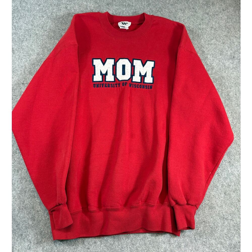 Vintage 90s University of Wisconsin Crewnck Sweatshirt Mens XL Red MOM Patchwork